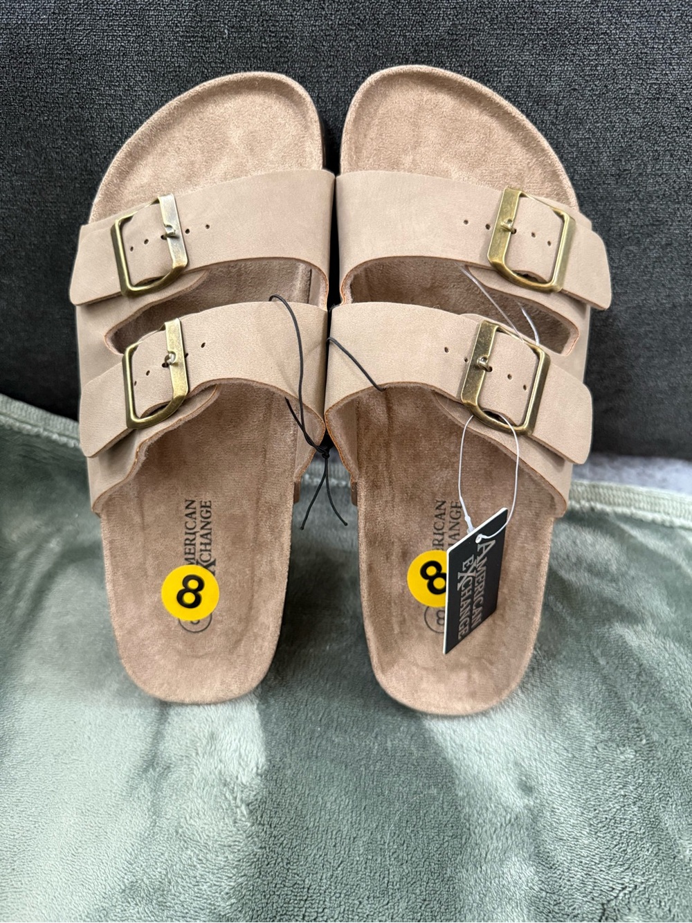 New American Exchange Beige Suede Double-Buckle Slide Sandals Size 8